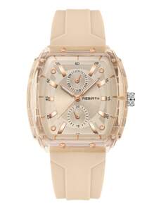 1pc Rebirth Brand Women Silicone Strap Quartz Watch, Minimalist Fashion Versatile Suitable For Daily Wear - 卡其色 - 查看 5