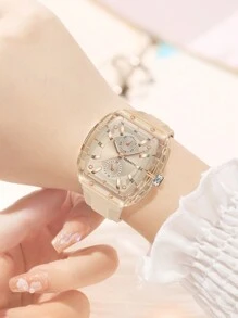 1pc Rebirth Brand Women Silicone Strap Quartz Watch, Minimalist Fashion Versatile Suitable For Daily Wear - 卡其色 - 查看 3