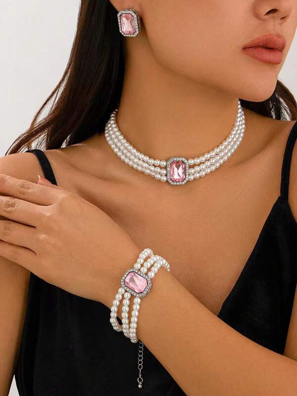 Multilayer Faux Pearl Necklace, Multilayer Chic Luxury Bracelet, Geometric Square Rhinestone Earrings, Elegant Jewelry Set For Women Evening Party
