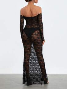 Women's 2025 Sheer Lace Maxi Dress - Spring Summer Off-Shoulder Slim Fit With Floral Cutouts, Day-To-Night Bohemian Beach To Club Wear‌ - Black - View 6