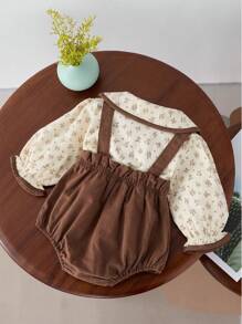 2 件装 2024 秋季女宝宝花卉图案彼得潘领上衣和围兜裤套装