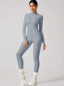 女款無縫前拉鍊長袖連身褲，緊身連身褲，適合健身訓練，彈性塑形滑雪服冬季運動 - 灰色 - 查看 6