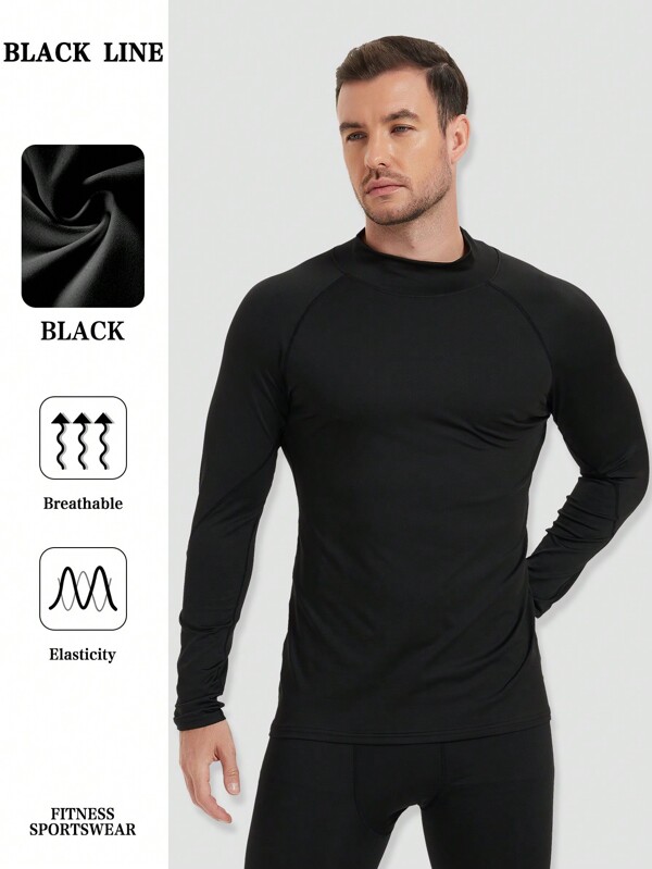 Men's Daily Sports & Fitness High Neck Long Sleeve Compression Base Layer, Colorblock High Elasticity Tight Fit Pullover Sweatshirt, Autumn/Winter