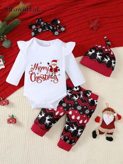 BrownBark Set da 3 pezzi Bambina Natalizi: Top manica lunga con stampa di lettere + Pantaloni + Accessorio per capelli