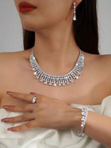 5pcs Set Luxury Square Cubic Zirconia Jewelry Set With Shiny Tassel, Including Necklace, Earrings, Ring, Bracelet, Suitable For Women, Wedding, Party, Birthday, Formal Dress Accessories