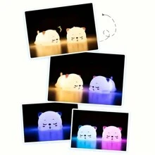 1 pieza Luz nocturna linda de gato, lámpara LED de diseño de gato de dibujos animados con control táctil, juguete antiestrés de tacto suave, ideal para decoración del hogar y regalo de cumpleaños, funciona con pilas