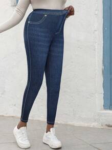 Women's Mid-Waisted Stretch Pull-On Skinny Leggings Printed Of Imitation Jeans Soft Skinny Knit Jeggings Comfort Fit - Blue - View 1