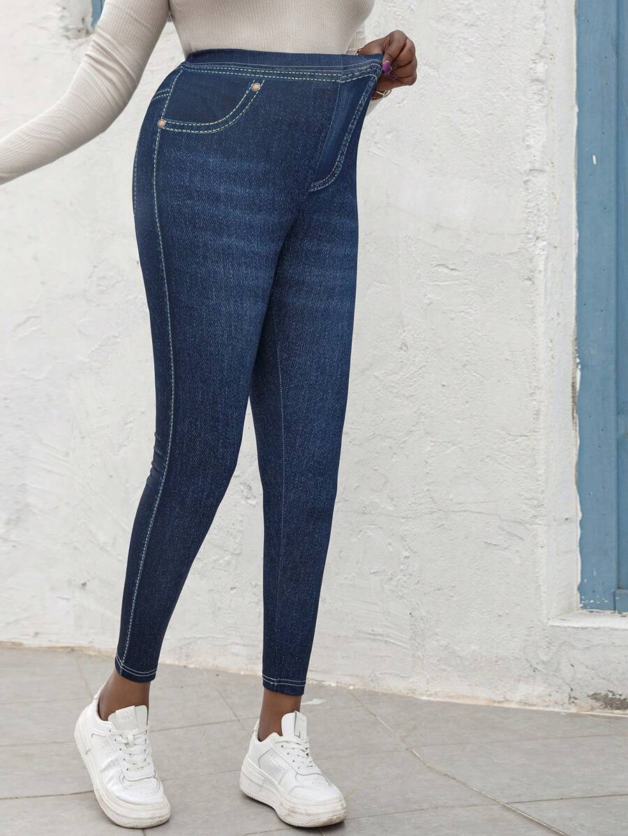 Women's Mid-Waisted Stretch Pull-On Skinny Leggings Printed Of Imitation Jeans Soft Skinny Knit Jeggings Comfort Fit - Blue - View 1