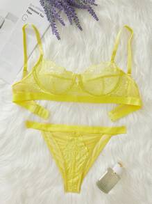 两件套性感蕾丝透视女神风优雅舒适女士情趣内衣套装 - 薑色 - 查看 1