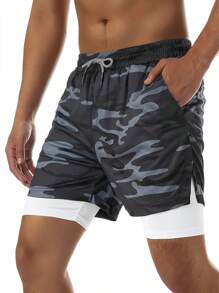 Pantalones cortos de doble capa 2 en 1 para hombre, pantalones cortos deportivos ligeramente elásticos para entrenamiento en el gimnasio en verano - camuflaje gris - Ver 3
