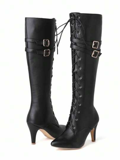 女士秋冬新款透气镂空过膝罗马靴尖头时尚超高跟系带靴加大码47码圣诞礼物