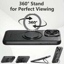 Suteni Strong Magnetic Compatible MagSafe Wireless Charging Case 360° Rotating Ring Stand PU Leather Phone Case Compatible With IPhone 16 Pro Max 15 Plus 14 13 12 For Galaxy S25 Ultra S24 S23 S22 Pixel 10 Pro XL 9A 8 7 6 Waterproof Shockproof Anti-Fall Scratch Resistant