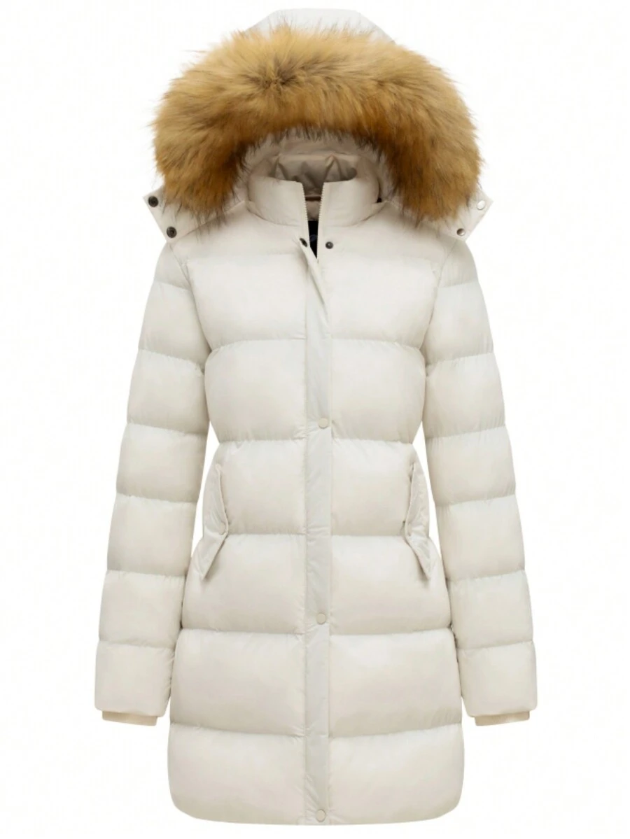Abrigo de mujer con capucha desmontable, cuello esponjoso, acolchado y grueso, nuevo para invierno - Blanco - Ver 1