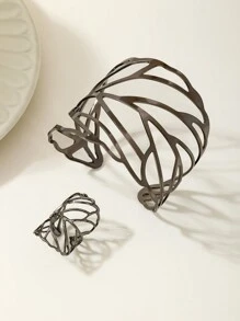 2入組歐美創意金屬設計空心葉形開口戒指和手鐲套裝，適用於女士珠寶 - 金黃色 - 查看 17