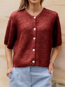Women's Solid Color Cardigan Short Sleeve Round Neck Button Down Sweater Knit Tops - Burgundy - View 2
