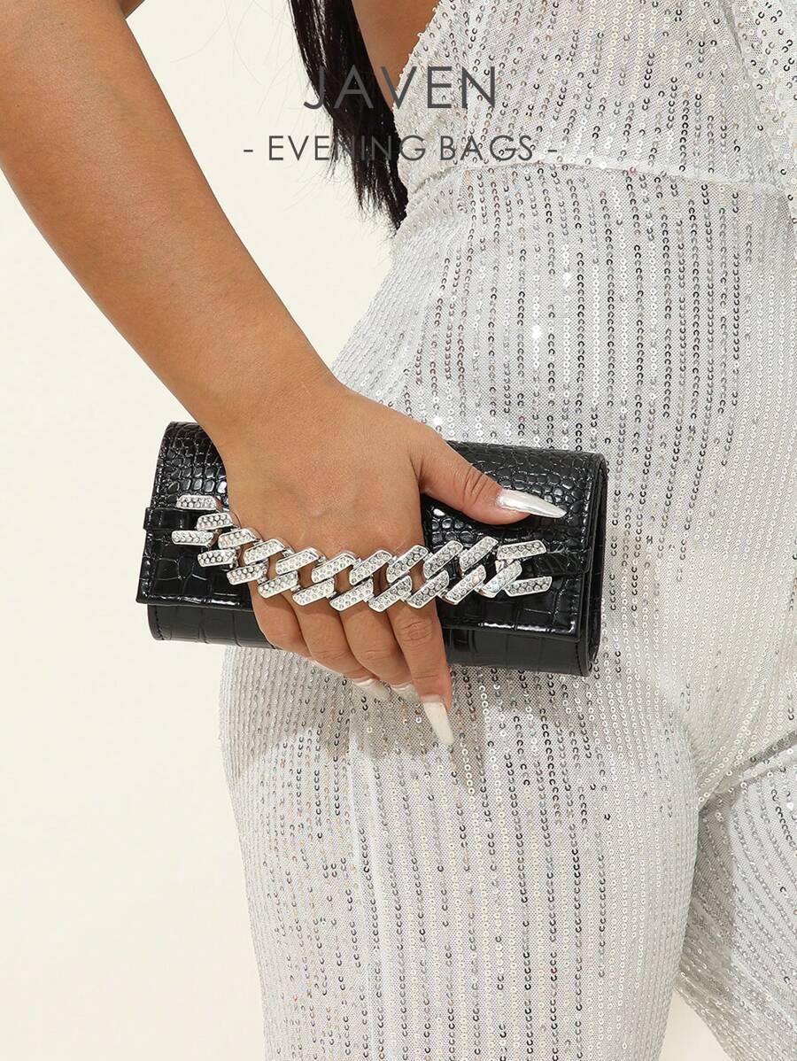 1pc Black Mini Fashionable Crocodile Pattern Pu Chain Clutch Bag With Rhinestone Decoration For Daily, Party - Black - View 1