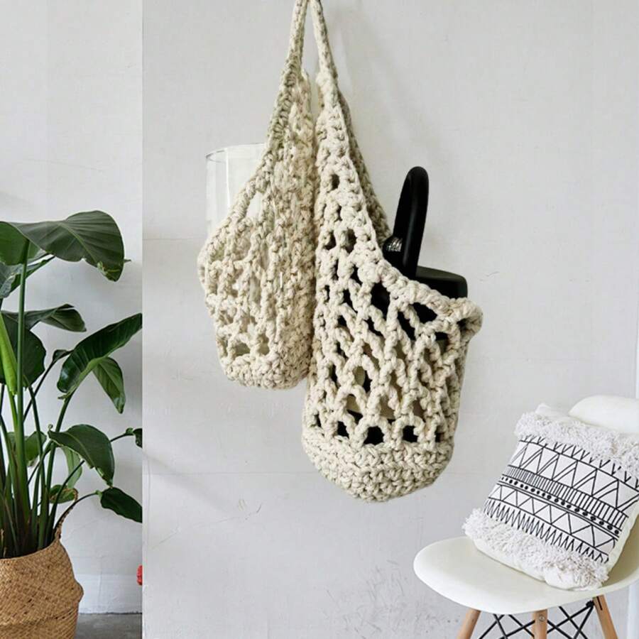 1 件钩针镂空水杯架袋，简约百搭编织网袋，适合休闲、度假 - 白色 - 查看 1