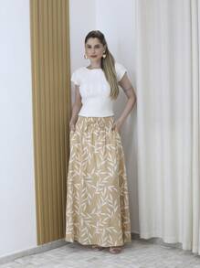 Steve Store Women's Fashion Viscose Fabric Skirt With Lining, Has Pocket And Slit On The Sides - Khaki - View 1