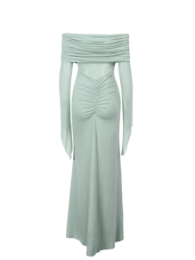 WOWDARK Women's Off Shoulder Waist Sheer Pleat Pointed Sleeve Party Dress, Autumn,Cocktail - Green - View 3