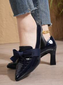 Tacones de punta simple, zapatos de trabajo de cuero versátiles, tacones altos tipo mocasín con tacón grueso para mujer, elegantes, para primavera/otoño - Azul Marino - Ver 4