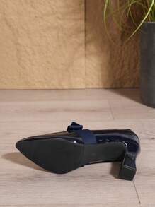 Tacones de punta simple, zapatos de trabajo de cuero versátiles, tacones altos tipo mocasín con tacón grueso para mujer, elegantes, para primavera/otoño - Azul Marino - Ver 7