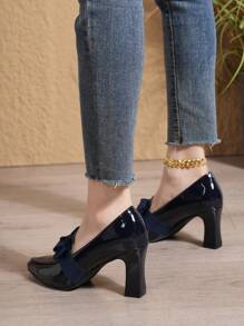 Tacones de punta simple, zapatos de trabajo de cuero versátiles, tacones altos tipo mocasín con tacón grueso para mujer, elegantes, para primavera/otoño - Azul Marino - Ver 6
