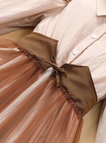 1pc Tween Girls Long Sleeve Polo Collar Waist Ribbon Mesh Contrast Dress