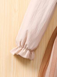 1pc Tween Girls Long Sleeve Polo Collar Waist Ribbon Mesh Contrast Dress