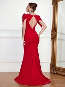 New Sexy V Neck Backless Formal Dress With Pearls, Fitted Elegant Evening Gown With Train, Spring/Summer Party Dress Wedding Guest Dress