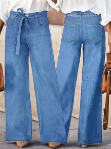 New Women's Simple Belt Loop Straight Leg Stretch Jeans - Medium Wash - View 1