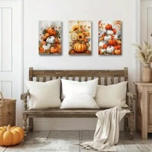 Art Life Home 3PCS Autumn Pumpkin Wall Art 3 Pieces Rustic Pumpkin Sunflower Wrapped Canvas Prints Fall Themed Canvas Thanksgiving Pictures Farmhouse Kitchen Decor No Frame