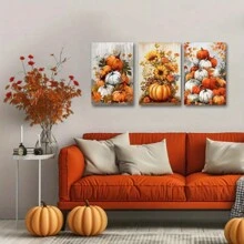 Art Life Home 3PCS Autumn Pumpkin Wall Art 3 Pieces Rustic Pumpkin Sunflower Wrapped Canvas Prints Fall Themed Canvas Thanksgiving Pictures Farmhouse Kitchen Decor No Frame