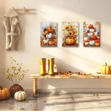 Art Life Home 3PCS Autumn Pumpkin Wall Art 3 Pieces Rustic Pumpkin Sunflower Wrapped Canvas Prints Fall Themed Canvas Thanksgiving Pictures Farmhouse Kitchen Decor No Frame