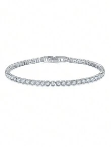 1pc Sparkly 5A Round Cut Cubic Zirconia Pure 925 Sterling Silver Tennis Bracelet With Hand Chain For Women, Ideal For Weddings, Engagements, Bridal Parties, Fine Jewelry Accessories Gifts
