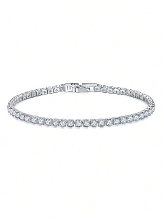 1pc Sparkly 5A Round Cut Cubic Zirconia Pure 925 Sterling Silver Tennis Bracelet With Hand Chain For Women, Ideal For Weddings, Engagements, Bridal Parties, Fine Jewelry Accessories Gifts