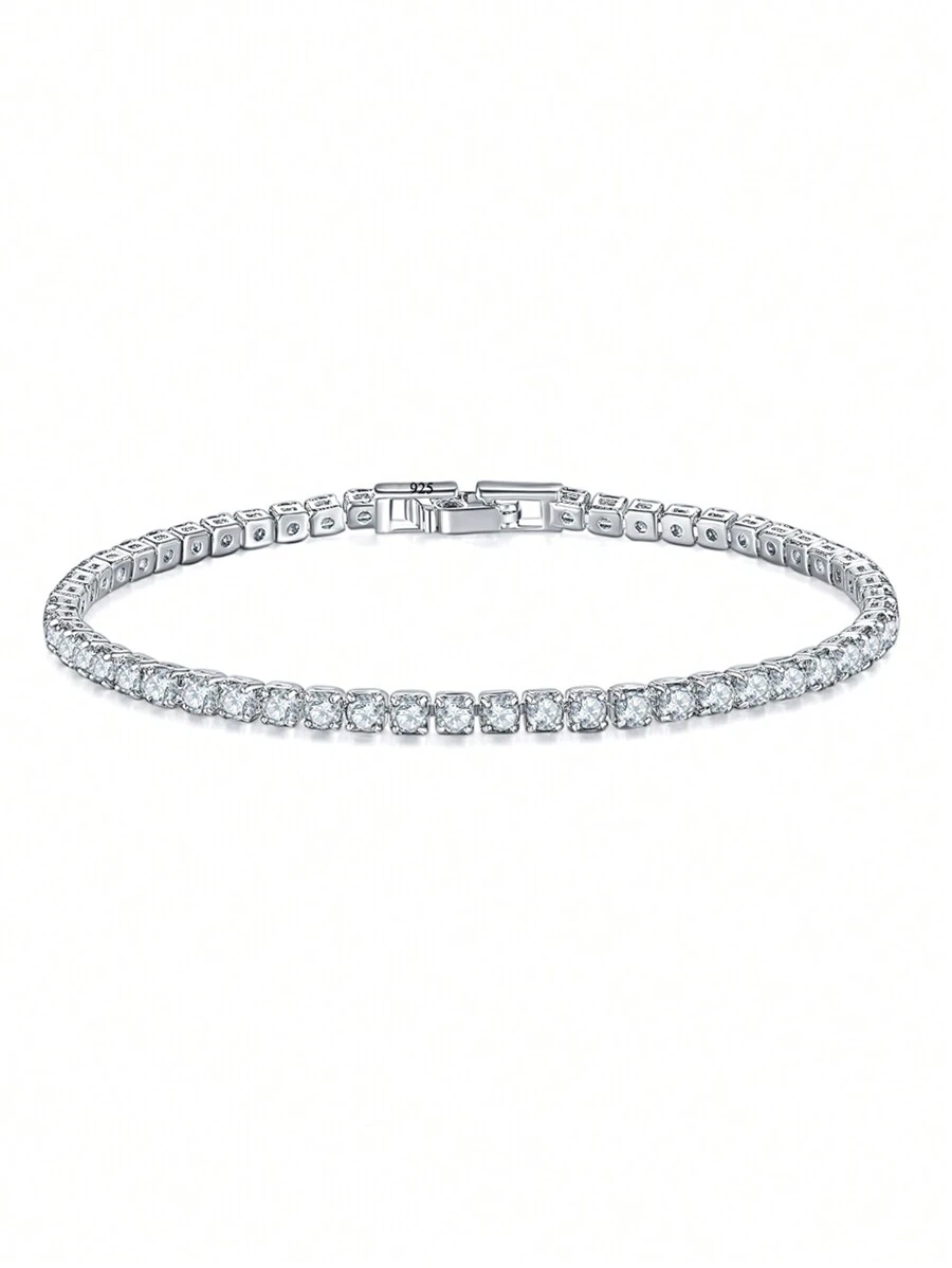 1pc Sparkly 5A Round Cut Cubic Zirconia Pure 925 Sterling Silver Tennis Bracelet With Hand Chain For Women, Ideal For Weddings, Engagements, Bridal Parties, Fine Jewelry Accessories Gifts