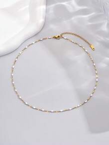 LIEBEIRIS 1pc 18k Gold Plated Simple White Oil Drop Stainless Steel Necklace, Suitable For Daily Wear And Gift For Women