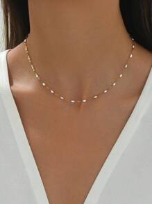 LIEBEIRIS 1pc 18k Gold Plated Simple White Oil Drop Stainless Steel Necklace, Suitable For Daily Wear And Gift For Women