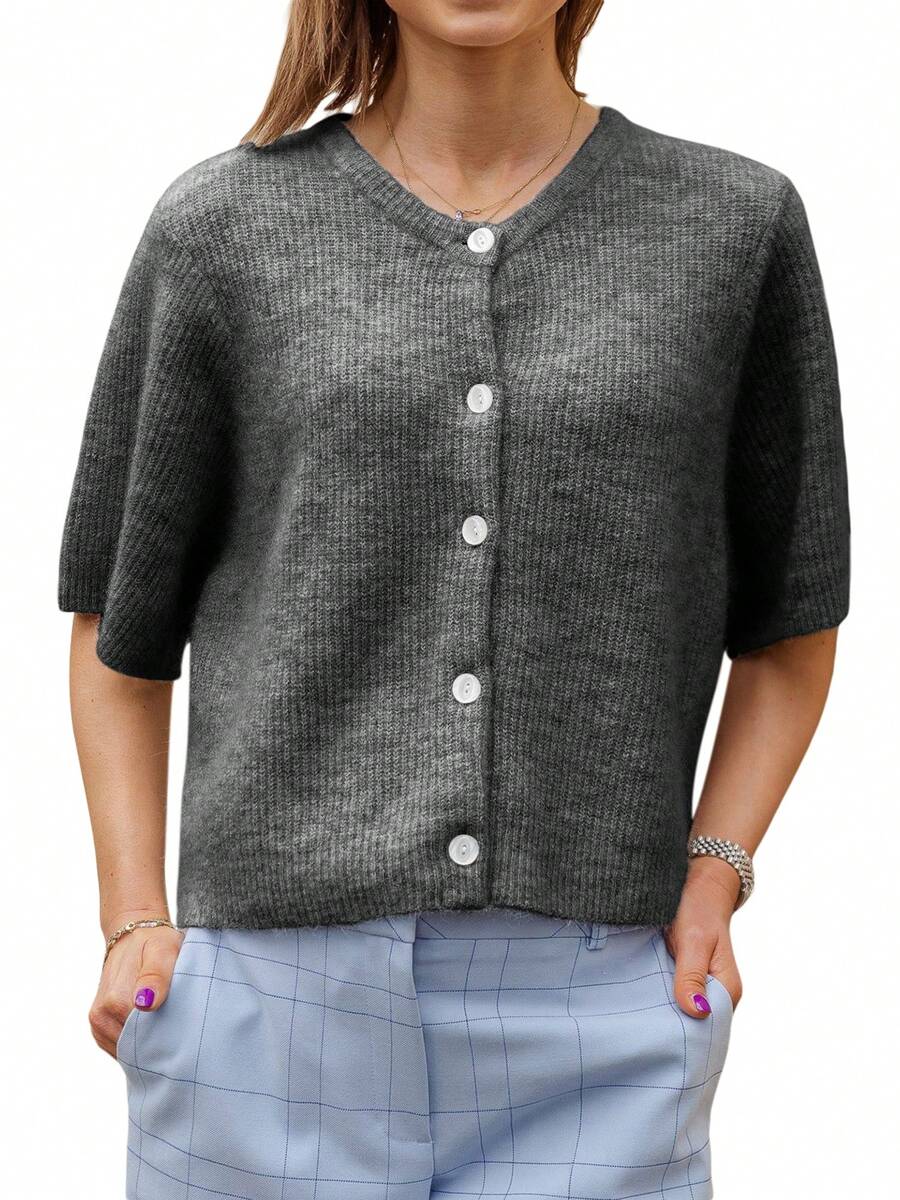 Women's Solid Color Cardigan Short Sleeve Round Neck Button Down Sweater Knit Tops - Dark Grey - View 1