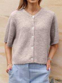 Women's Solid Color Cardigan Short Sleeve Round Neck Button Down Sweater Knit Tops - Light Brown - View 2