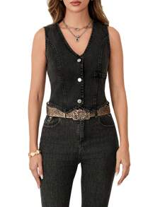 Women Y2K Button Down Denim Vest Vintage Sleeveless V Neck Jean Corset Crop Tank Top Fitted Cowgirl Streetwear - Màu xám đen - Xem 2