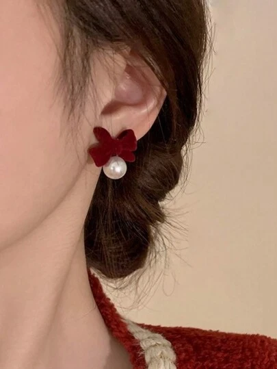 1 对勃艮第天鹅绒蝴蝶结珍珠耳钉，优雅，适合女士日常、节日和派对佩戴