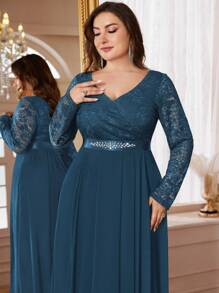 V-Neck Floral Lace Patchwork Chiffon Rhinestone Belt Formal Party Maxi Dress, Suitable For Valentine's Day, Wedding Guest, Birthday, Graduation Ceremony, Gala - Dusty Blue - View 9