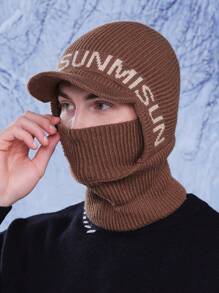 1pc Men's Autumn/Winter Letter Cycling Neck Warmer & Beanie Set, Casual Windproof Knitted Embroidered Ski Hat