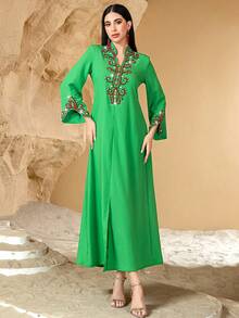 Handmade Baroque Shape Faux Pearl Decor Long Sleeve Casual Comfortable Breathable Moisture-Wicking Arabic Style Dress