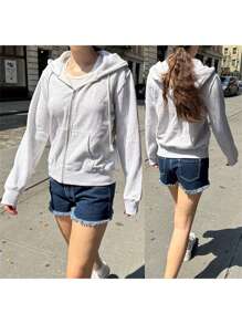 Women Zip Up Hoodies Solid Colors Loose Warm Fleece Long Sleeve Sweatshirt Jacket For Fall Streetwear - 淺灰色 - 查看 2