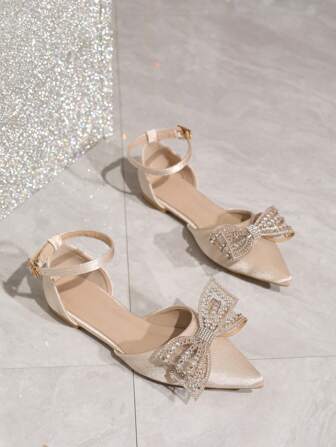 Höst/vinter Nya Mode Dam Spetsiga Tå Platta Skor Med Kristallrosett, Aprikosfärgade Casual Loafers