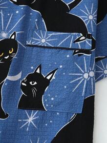 2pcs Women Black Cat Print Pajama Set, Short Sleeve Buttoned Collar Top And Bow Shorts, Casual Sleepwear Homewear For Summer,Two Pieces Set - Màu xanh lam - Xem 4