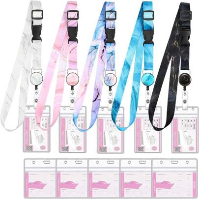 5 Pacotes de Cordões para Cartões de Navio de Cruzeiro, Cordões Ajustáveis para Cartões de Navio de Cruzeiro com Suporte Retráctil de Crachá e 10 Peças Porta-cartão Impermeável de Identificação