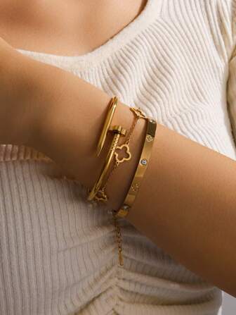 3pcs/Set Stainless Steel Golden Nail & Clover Bracelet & Clover Bracelet Set, Suitable For Women's Daily Wear, Christmas Gift, Holiday Gifting